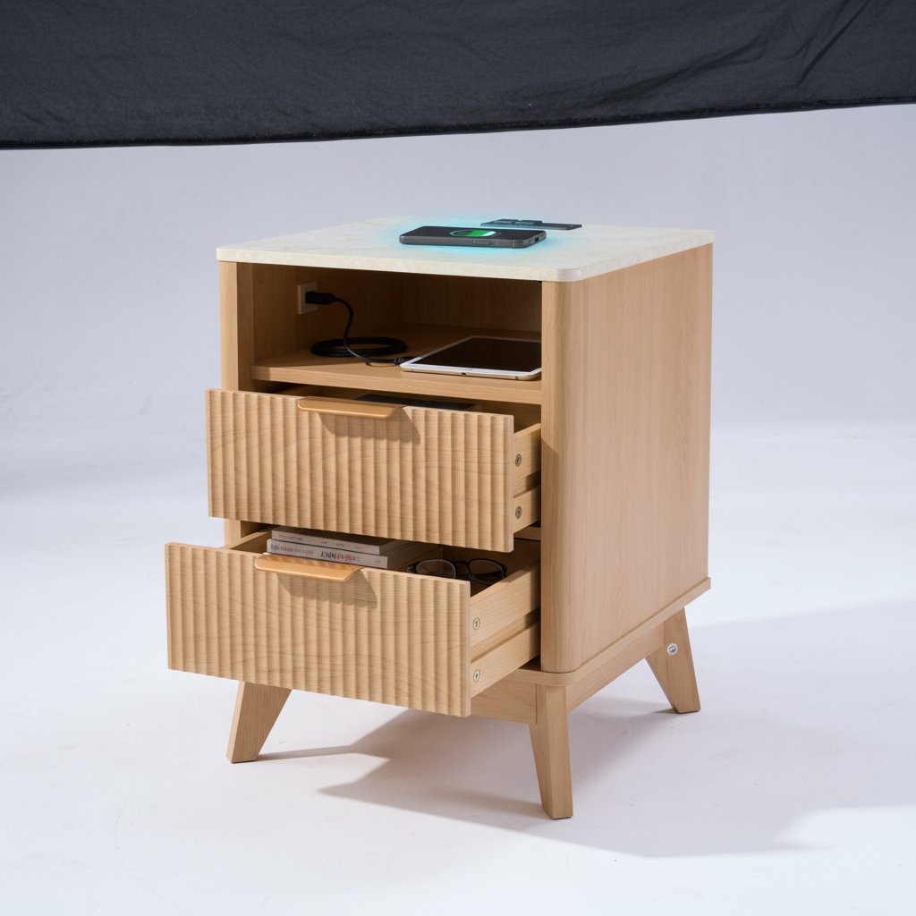 Fluted Nightstand With Charging Station — 2 Drawers, Marble-Look Top