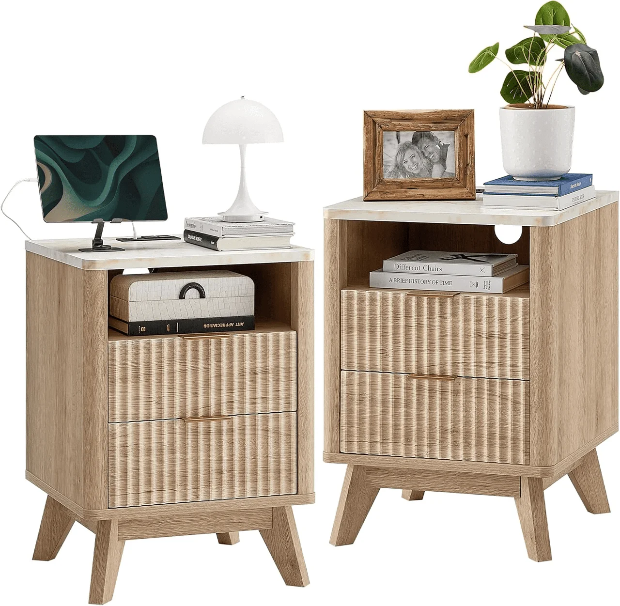 Fluted Nightstand With Charging Station — 2 Drawers, Marble-Look Top, view 2