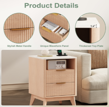 Fluted Nightstand With Charging Station — 2 Drawers, Marble-Look Top, view 3