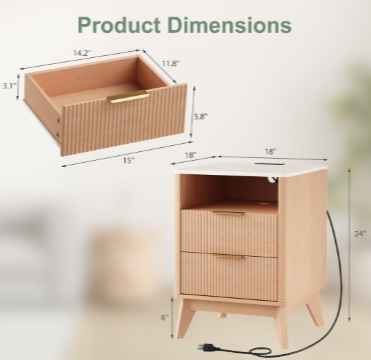 Fluted Nightstand With Charging Station — 2 Drawers, Marble-Look Top, view 4