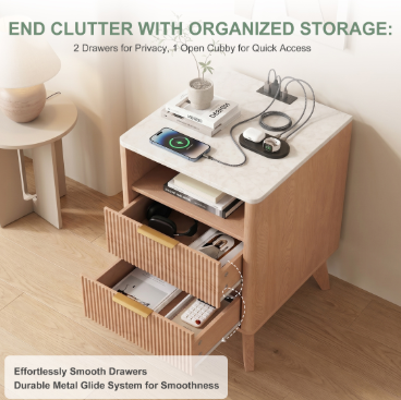 Fluted Nightstand With Charging Station — 2 Drawers, Marble-Look Top, view 5