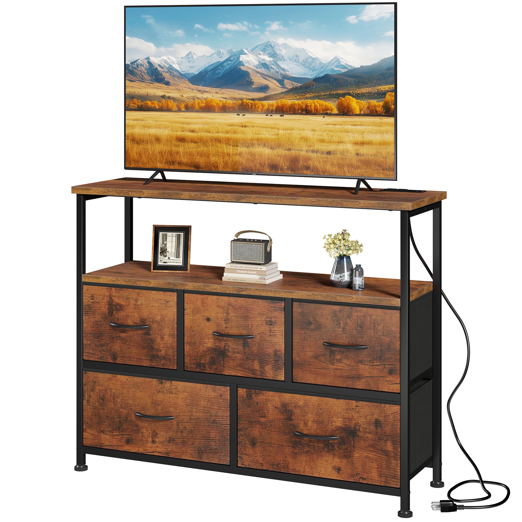 5-Drawer Fabric TV Stand With Power Outlets & USB Charging, 39.4"