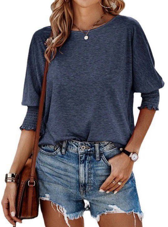 Smocked Ruffle-Cuff Top — Loose Round Neck Half-Sleeve Tee, view 7