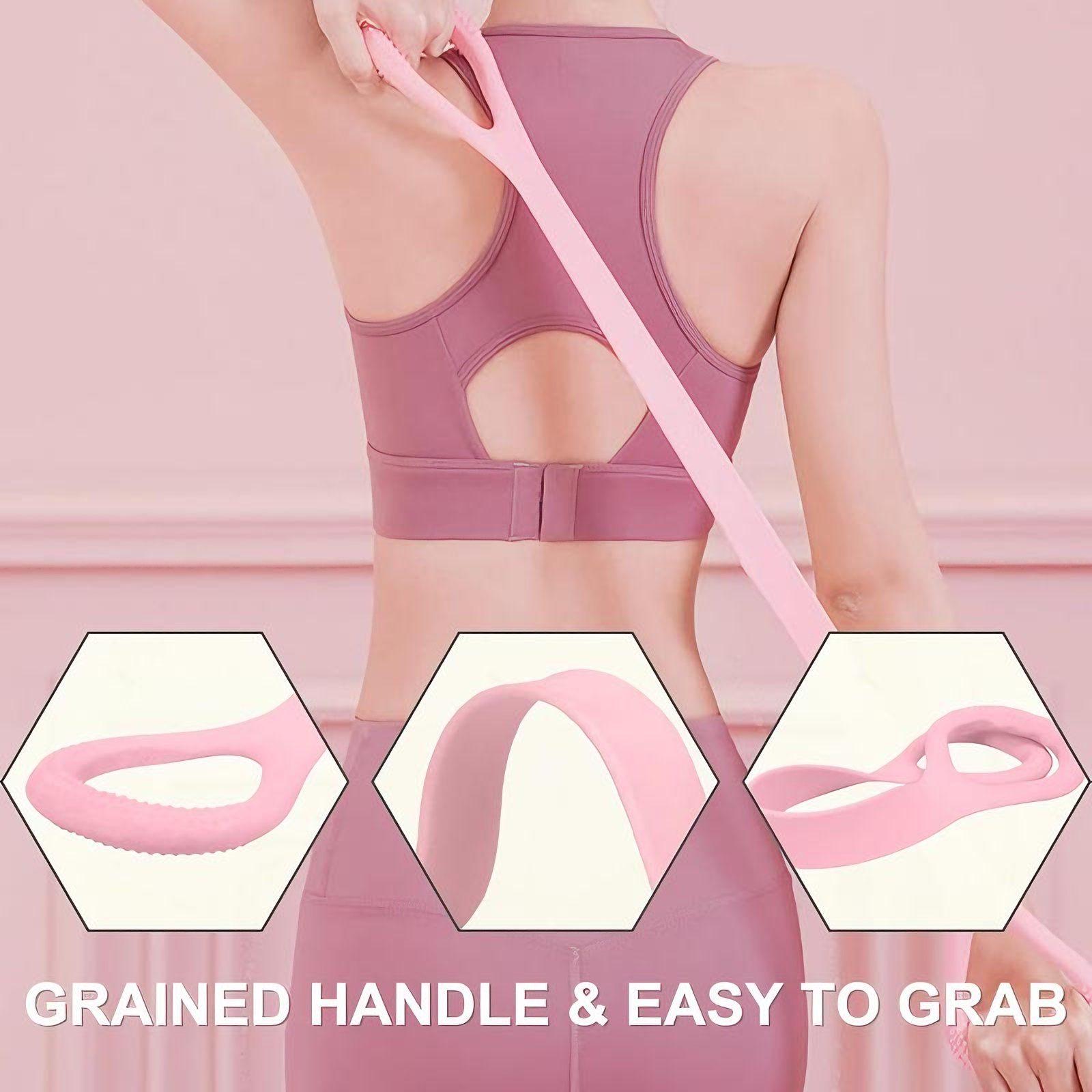 Figure-8 Silicone Resistance Band — Pink Yoga Stretch Strap With Loop Handles, view 2
