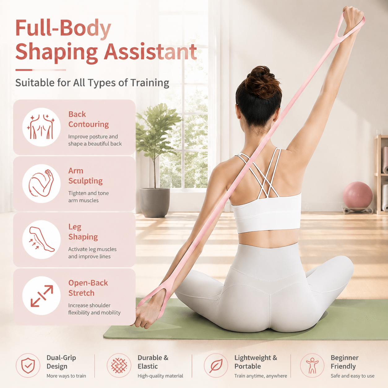 Figure-8 Silicone Resistance Band — Pink Yoga Stretch Strap With Loop Handles, view 3
