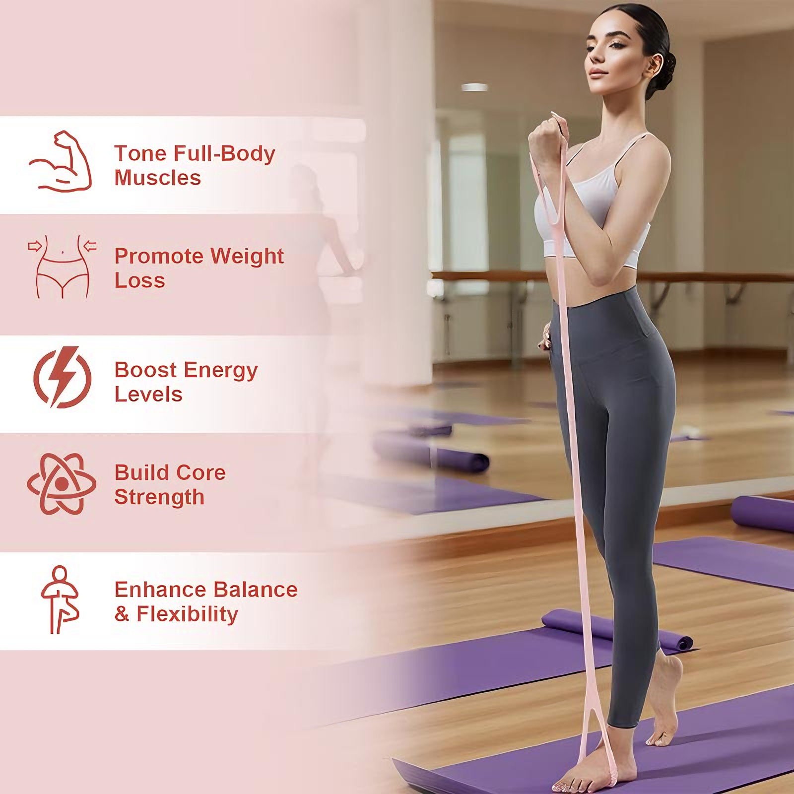 Figure-8 Silicone Resistance Band — Pink Yoga Stretch Strap With Loop Handles, view 5