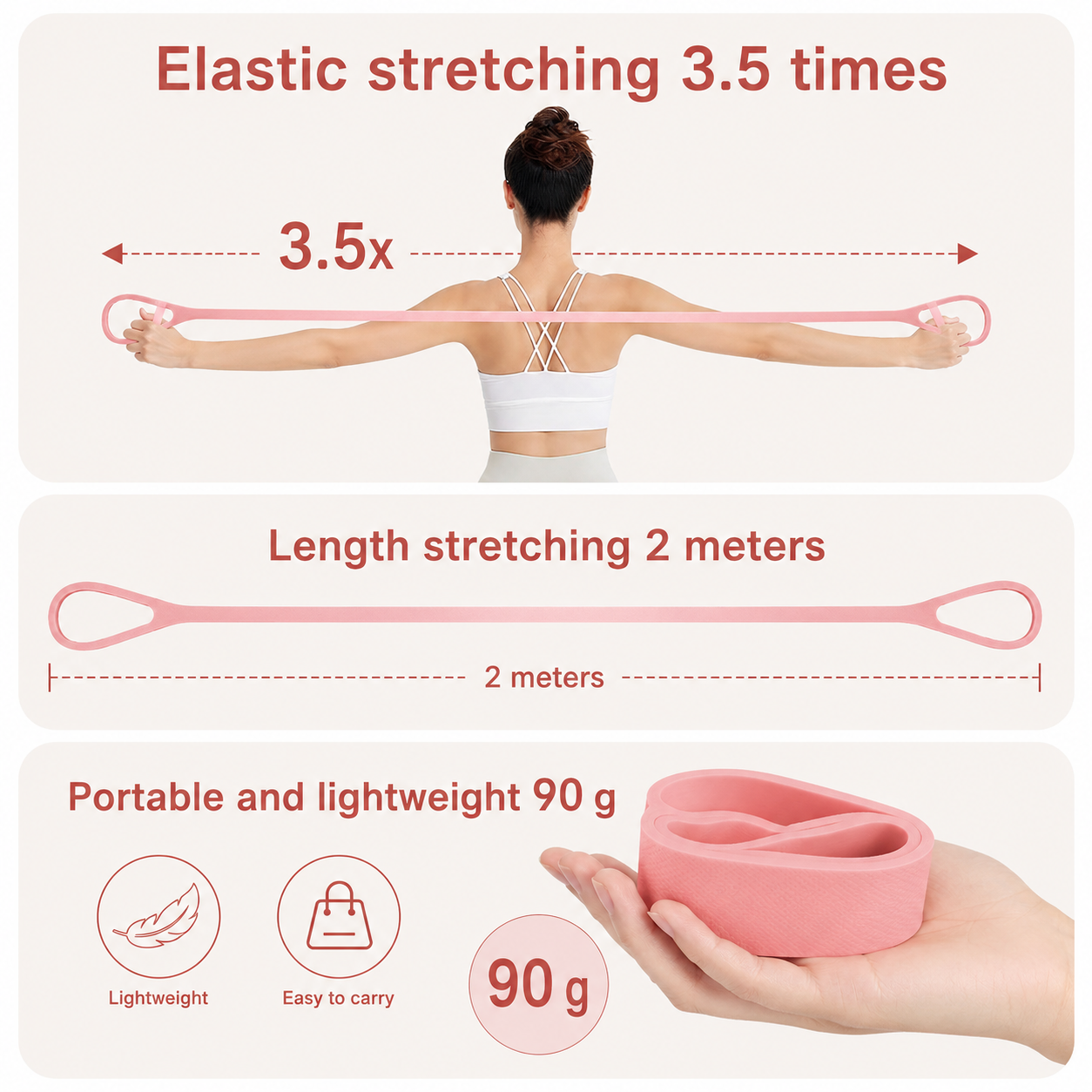 Figure-8 Silicone Resistance Band — Pink Yoga Stretch Strap With Loop Handles, view 7