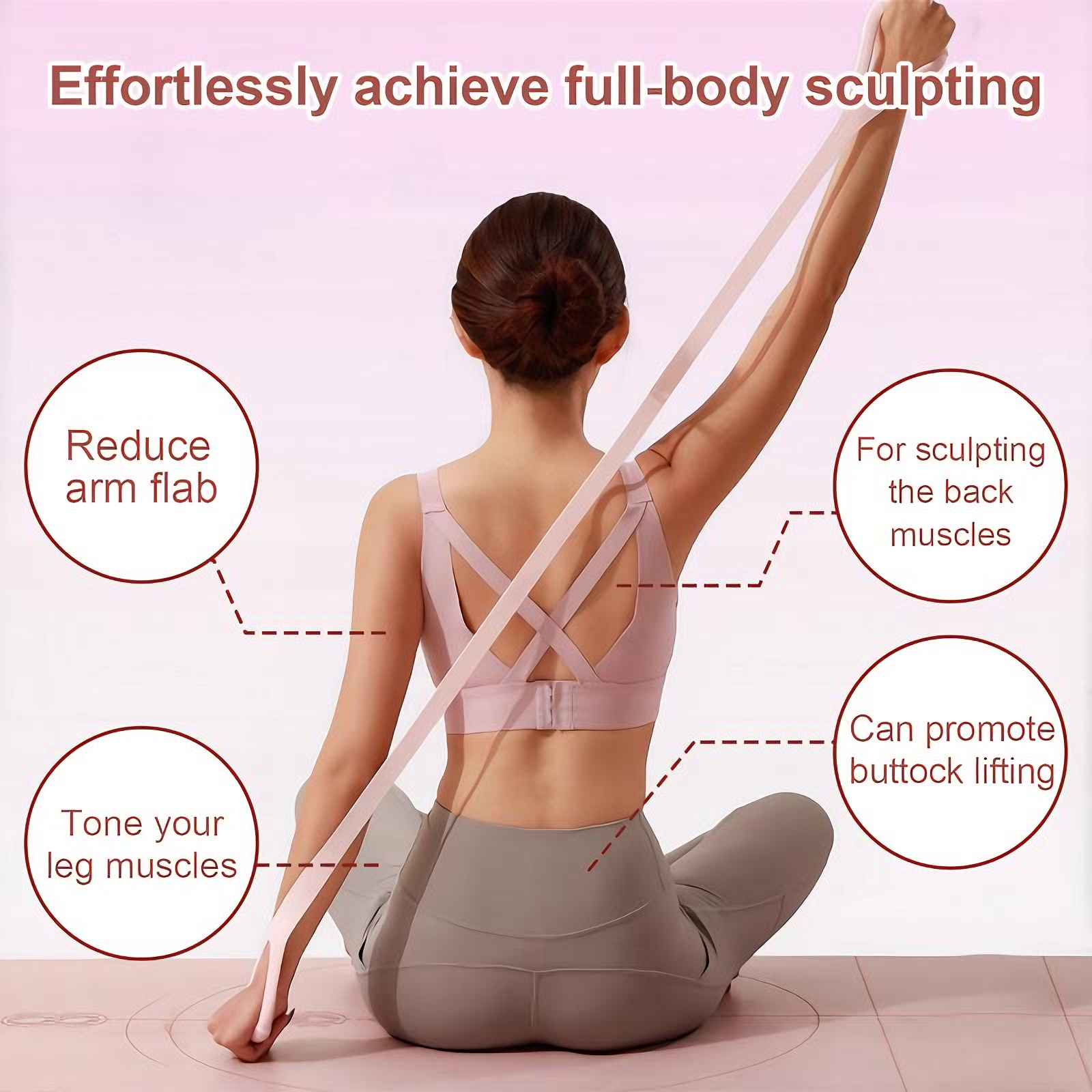 Figure-8 Silicone Resistance Band — Pink Yoga Stretch Strap With Loop Handles, view 8