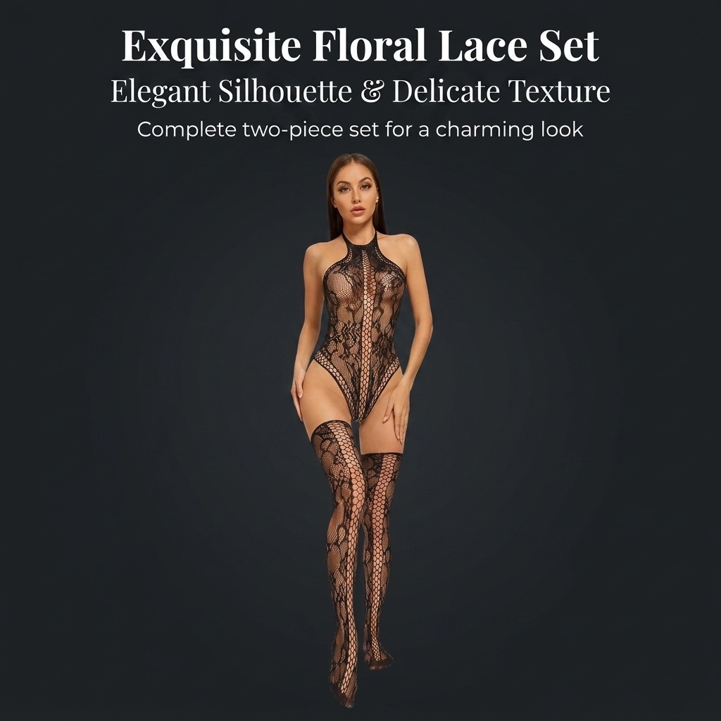 Sexy Halter-neck Bodysuit With Mesh, High-elasticity See-through Lace Bodysuit, And Matching Over-the-knee Stockings For A Lingerie Look.