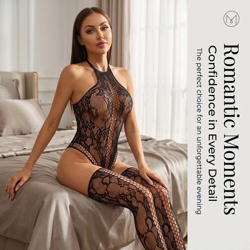 Black Floral Lace Halter Bodysuit & Thigh-High Stockings Set