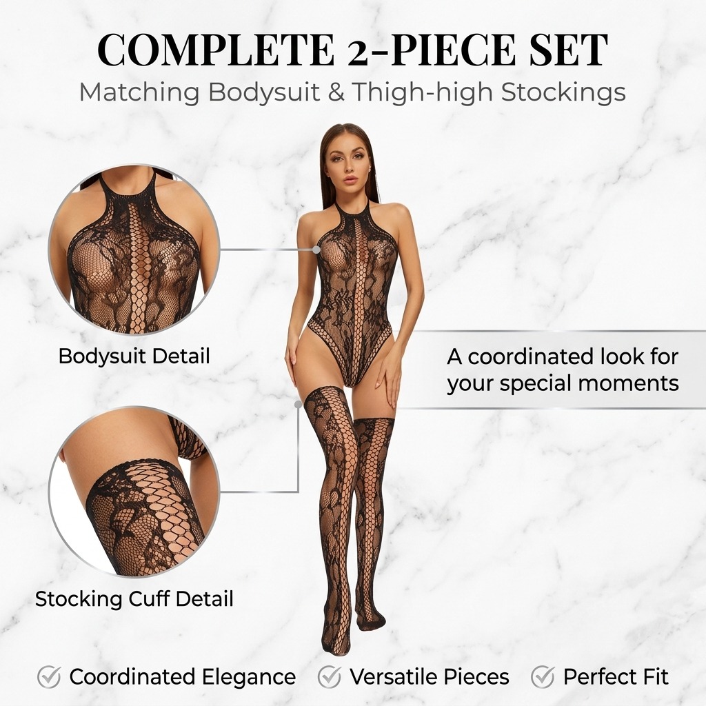 Black Floral Lace Halter Bodysuit & Thigh-High Stockings Set, view 3