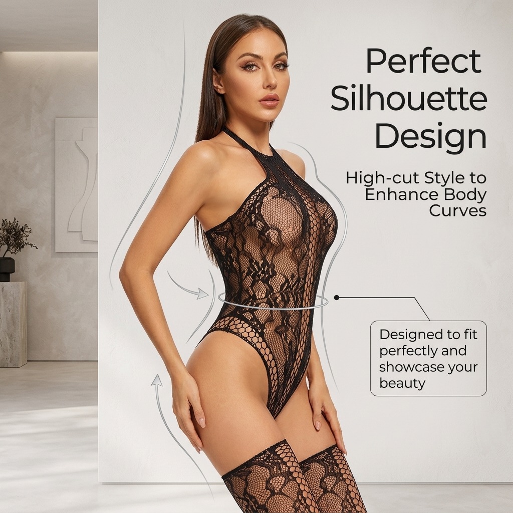 Black Floral Lace Halter Bodysuit & Thigh-High Stockings Set, view 4