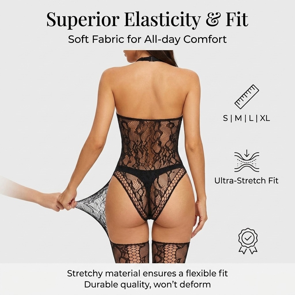 Black Floral Lace Halter Bodysuit & Thigh-High Stockings Set, view 5