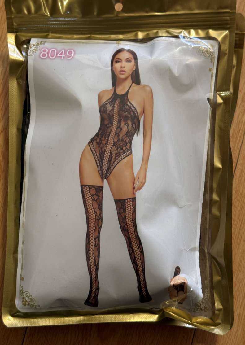 Black Floral Lace Halter Bodysuit & Thigh-High Stockings Set, view 6