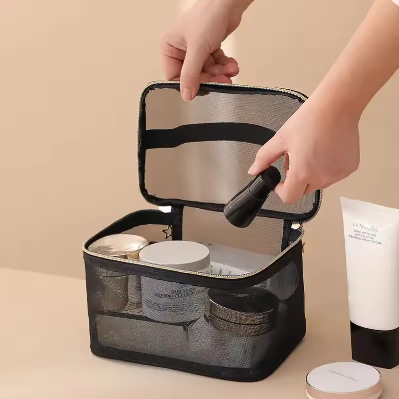 Black Mesh Makeup Bag  — Clear Travel Cosmetic Cases. 1 & 2-Pack, view 4
