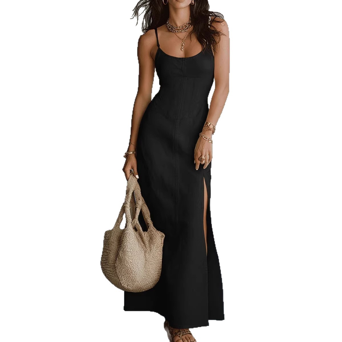 Seamed Bodice Black Maxi Dress — Tailored Elegance, Bare Shoulders, view 2