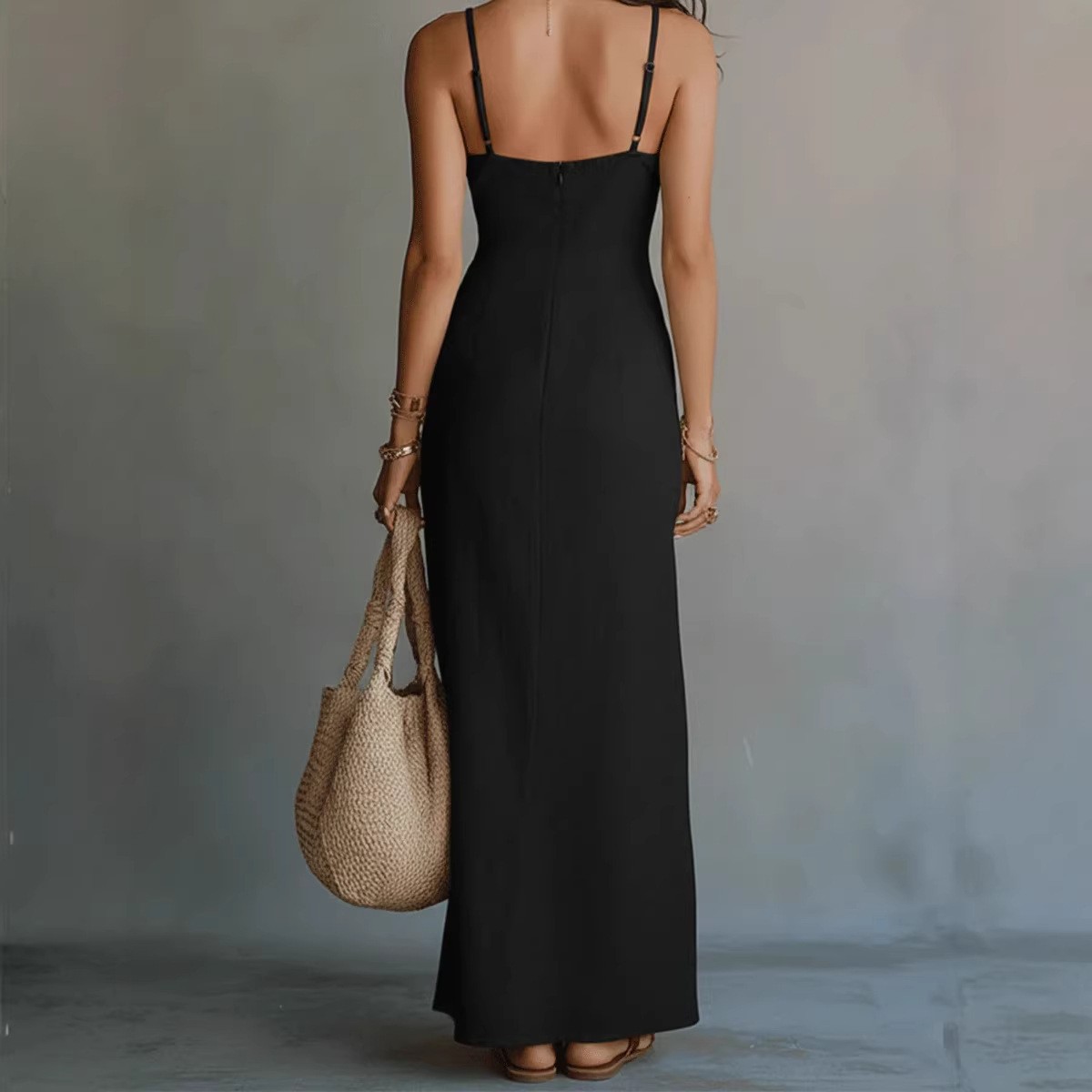 Seamed Bodice Black Maxi Dress — Tailored Elegance, Bare Shoulders, view 3