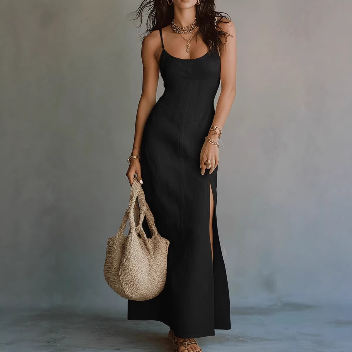 Seamed Bodice Black Maxi Dress — Tailored Elegance, Bare Shoulders, view 4
