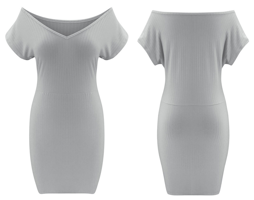 Ribbed Knit Off-Shoulder Bodycon Mini Dress with V-Neck & Curved Hem, view 7