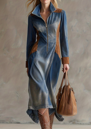 Retro Western Midi Dress with Cinched Waist, Zip Front, Long Sleeves