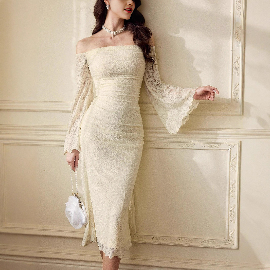 Ivory Lace Off-Shoulder Midi Dress With Sheer Bell Sleeves, view 3