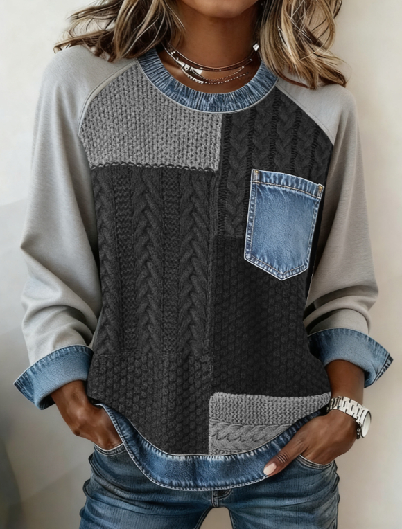Spliced round Neck Casual Long-sleeved Top, view 4