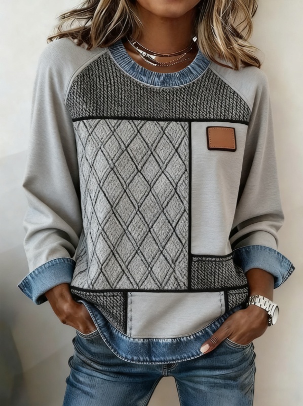 Spliced round Neck Casual Long-sleeved Top, view 3