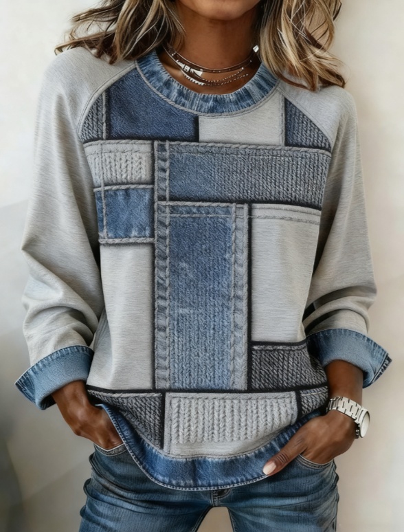 Spliced round Neck Casual Long-sleeved Top, view 6