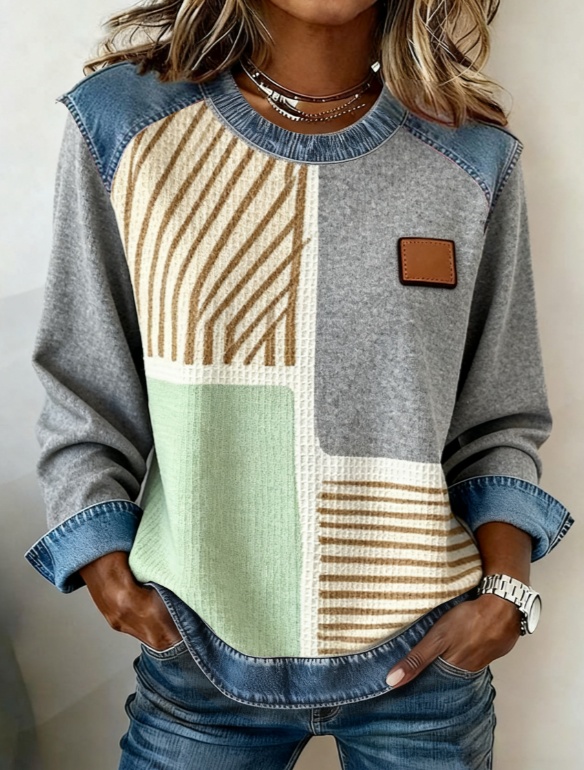 Spliced round Neck Casual Long-sleeved Top, view 2