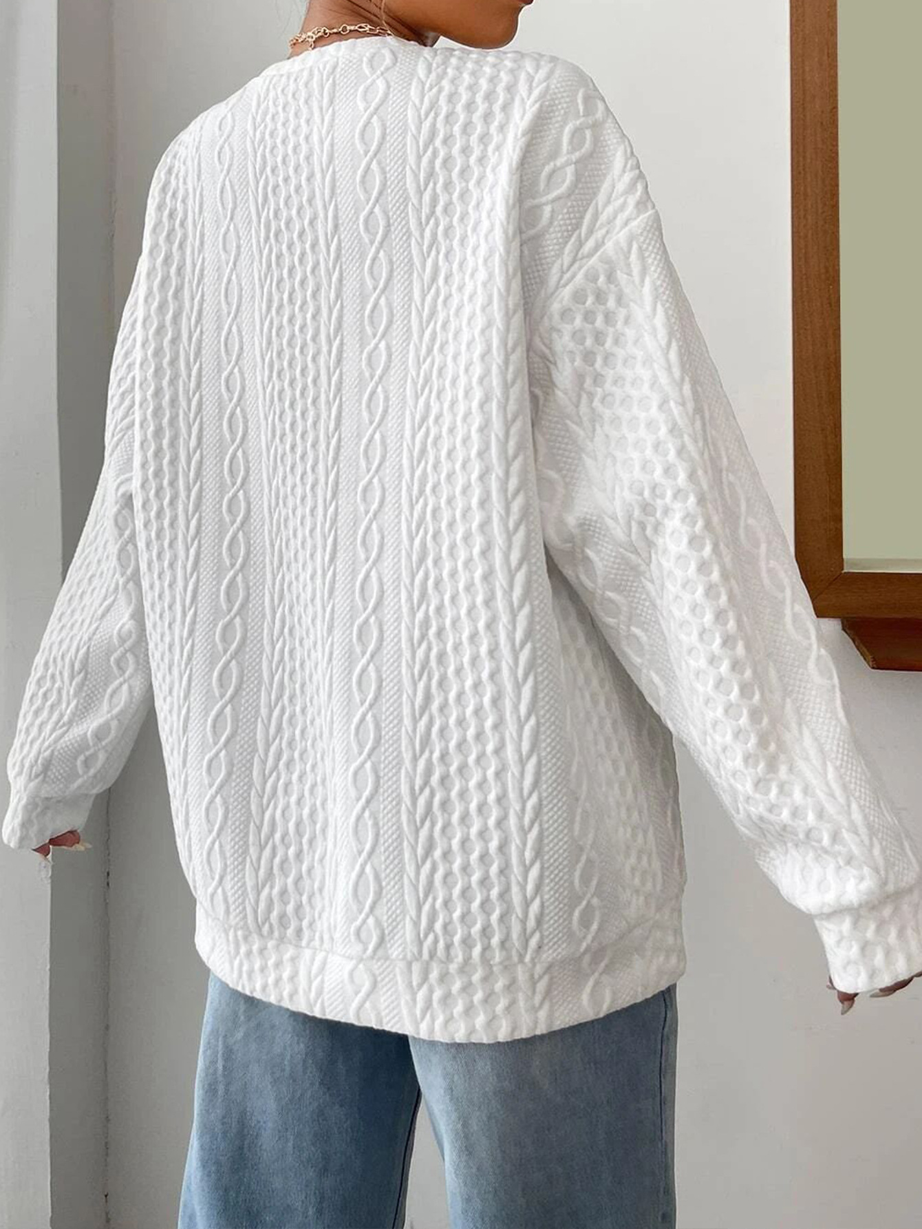 Women's Oversized Jacquard Pullover Hoodie – Round Neck, Medium Weight, view 2