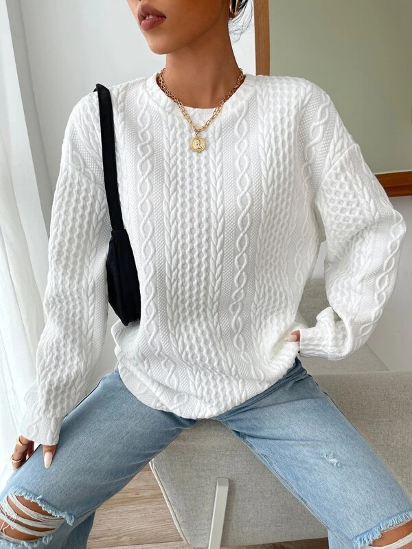 Women's Oversized Jacquard Pullover Hoodie – Round Neck, Medium Weight