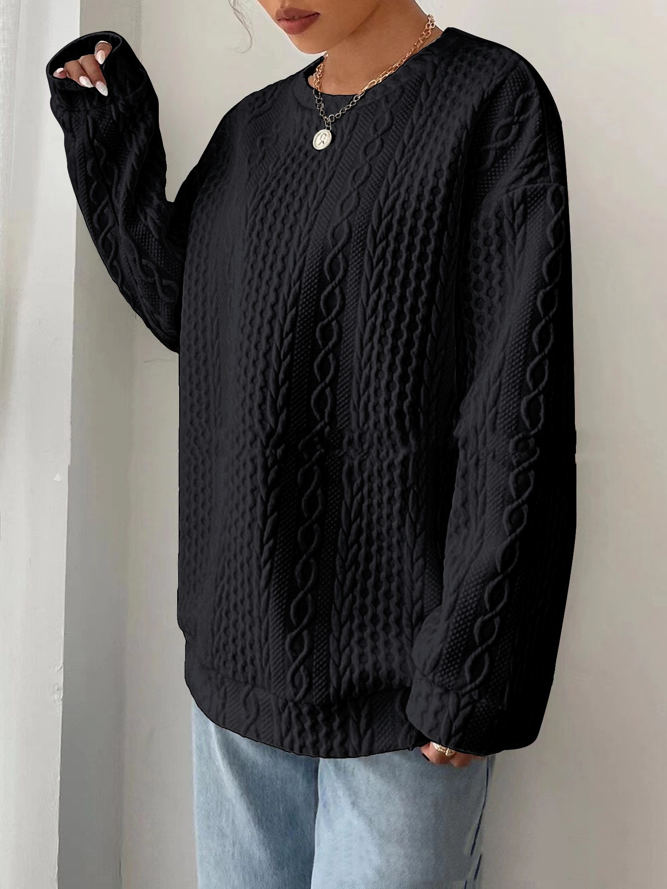 Women's Oversized Jacquard Pullover Hoodie – Round Neck, Medium Weight, view 5