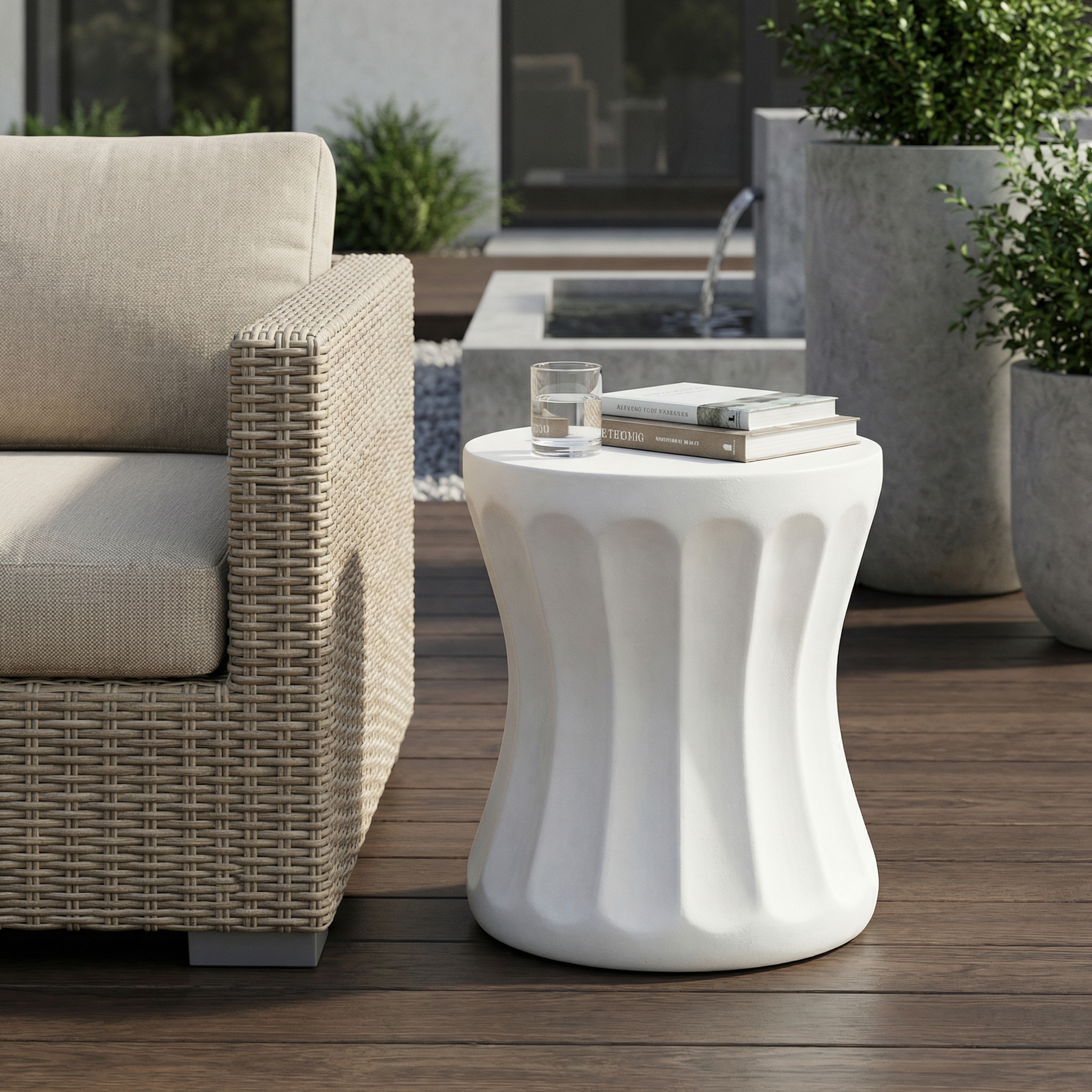 Round Concrete Side Table, Fluted Antique White Indoor & Outdoor