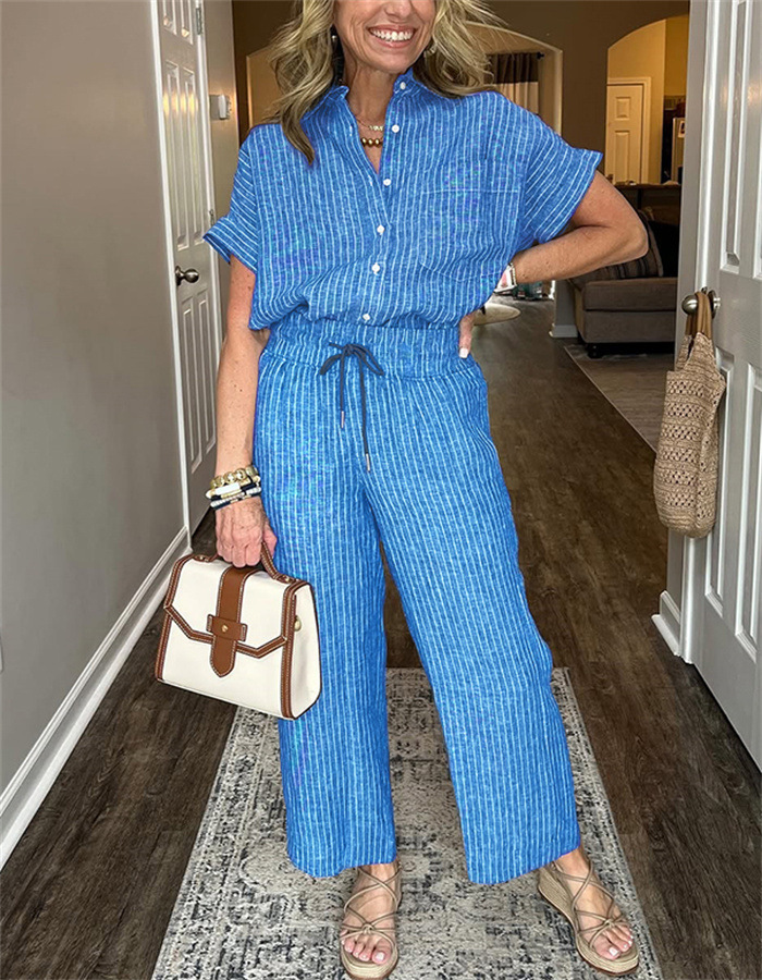 Women's Striped Suit Set – Linen‑Look Short‑Sleeve Shirt & Straight‑Leg Trousers, view 2