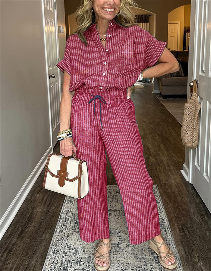 Women's Striped Suit Set – Linen‑Look Short‑Sleeve Shirt & Straight‑Leg Trousers, view 3