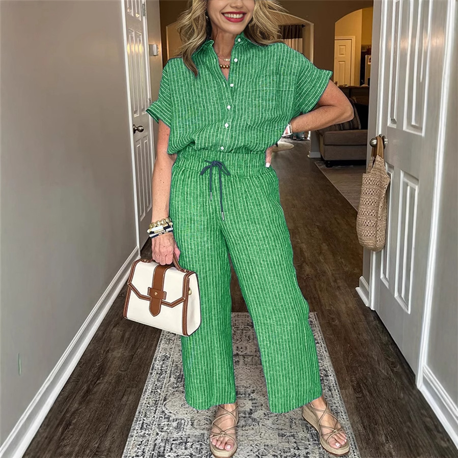 Women's Striped Suit Set – Linen‑Look Short‑Sleeve Shirt & Straight‑Leg Trousers, view 4