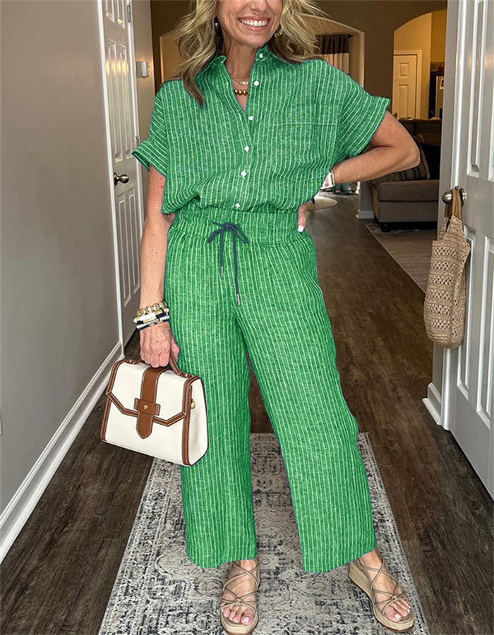 Women's Striped Suit Set – Linen‑Look Short‑Sleeve Shirt & Straight‑Leg Trousers, view 5