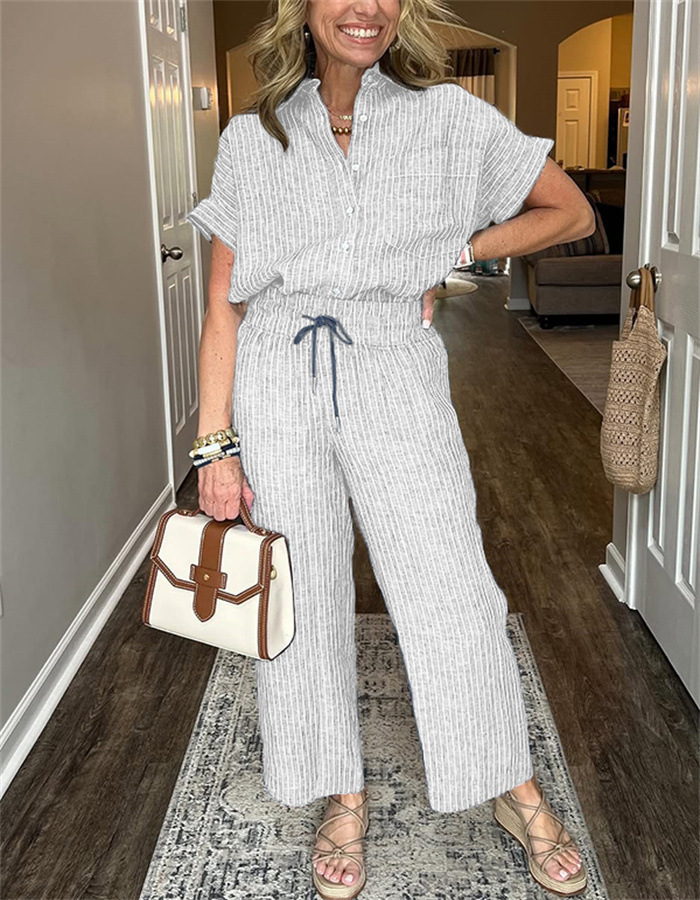 Women's Striped Suit Set – Linen‑Look Short‑Sleeve Shirt & Straight‑Leg Trousers, view 6