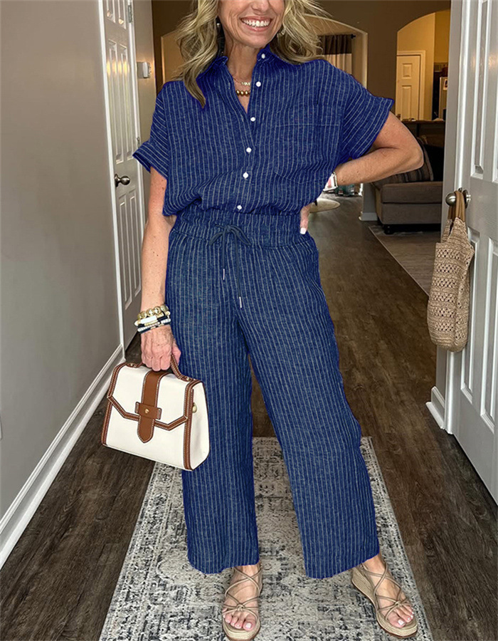 Women's Striped Suit Set – Linen‑Look Short‑Sleeve Shirt & Straight‑Leg Trousers, view 7
