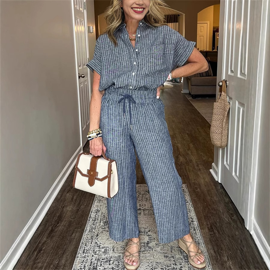 Women's Striped Suit Set – Linen‑Look Short‑Sleeve Shirt & Straight‑Leg Trousers, view 8
