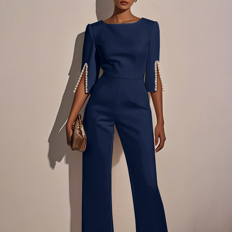 Elegant Pearl-Trim Split Sleeve Wide-Leg Jumpsuit, Back Zip, S–XXL, view 3