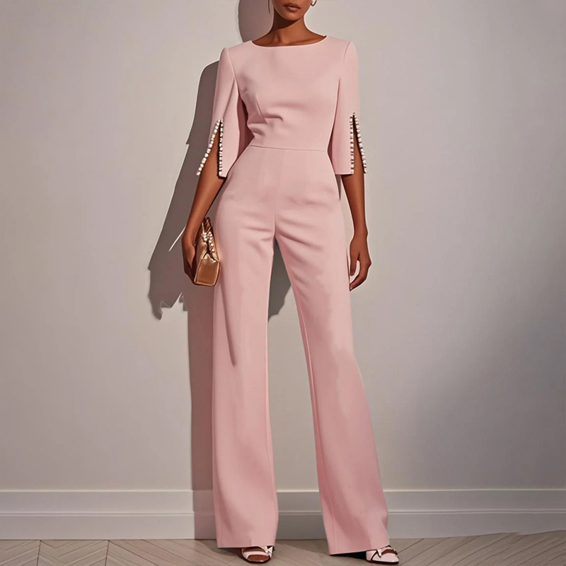 Elegant Pearl-Trim Split Sleeve Wide-Leg Jumpsuit, Back Zip, S–XXL
