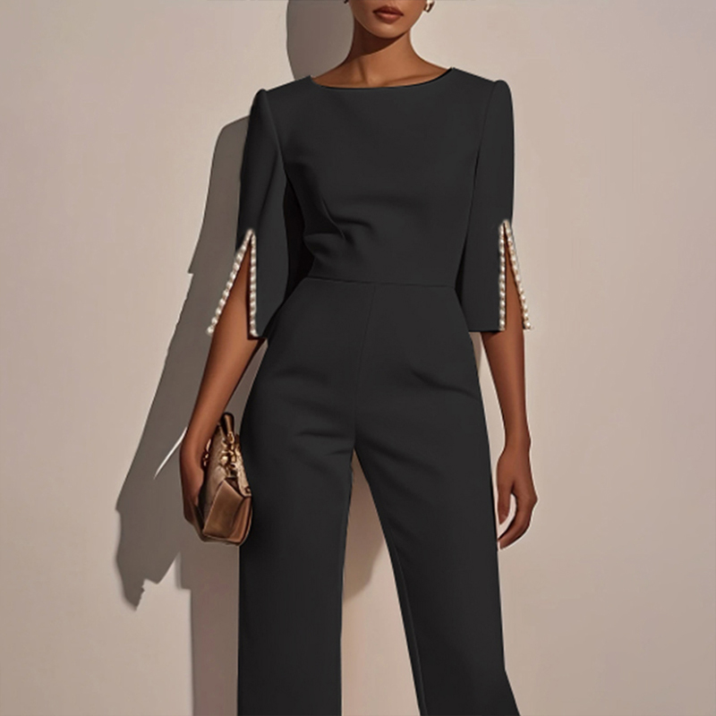 Elegant Pearl-Trim Split Sleeve Wide-Leg Jumpsuit, Back Zip, S–XXL, view 4