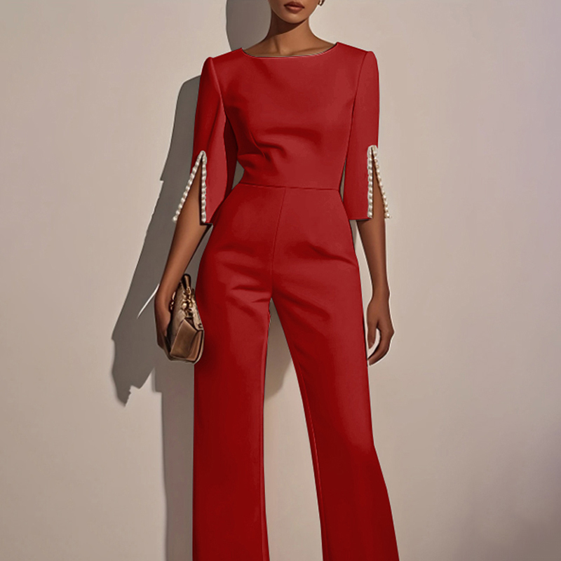 Elegant Pearl-Trim Split Sleeve Wide-Leg Jumpsuit, Back Zip, S–XXL, view 5