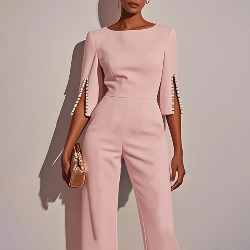 Elegant Pearl-Trim Split Sleeve Wide-Leg Jumpsuit, Back Zip, S–XXL, view 6