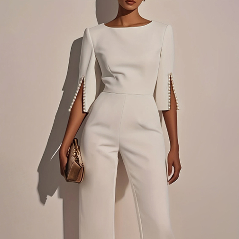 Elegant Pearl-Trim Split Sleeve Wide-Leg Jumpsuit, Back Zip, S–XXL, view 7