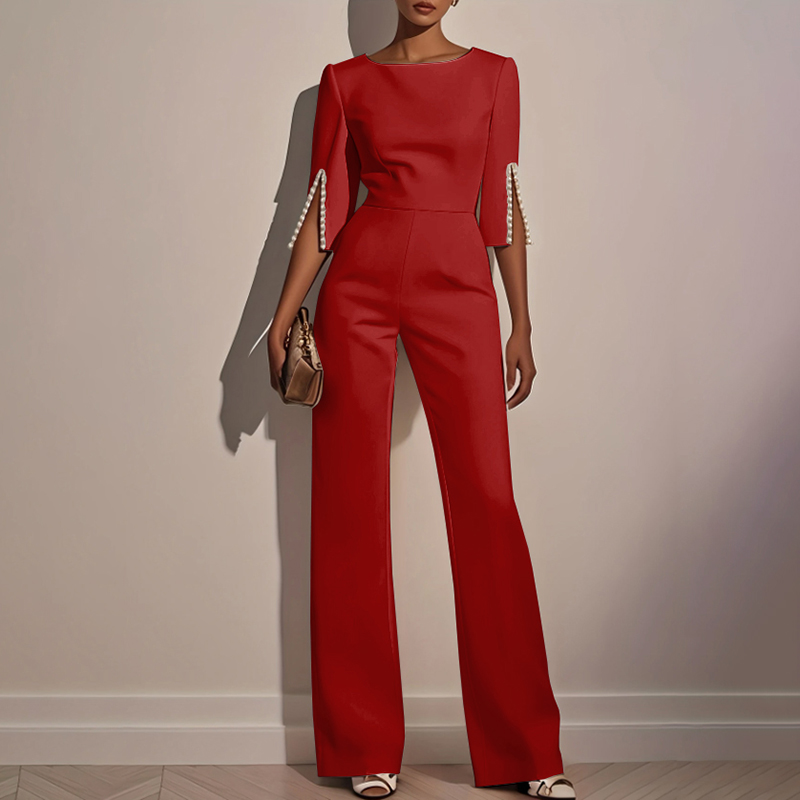 Elegant Pearl-Trim Split Sleeve Wide-Leg Jumpsuit, Back Zip, S–XXL, view 8