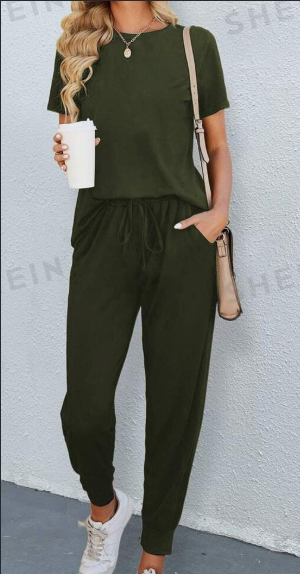 Women's Solid Round‑Neck Tee & Matching Pants Set – Stretch Comfort, S‑3XL