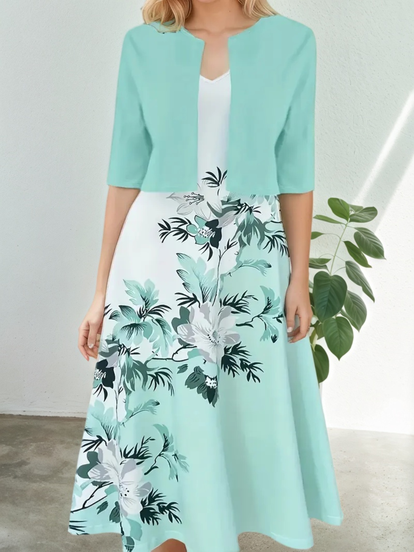 Mint Floral Midi Dress & Cropped Jacket Set —  2-Piece