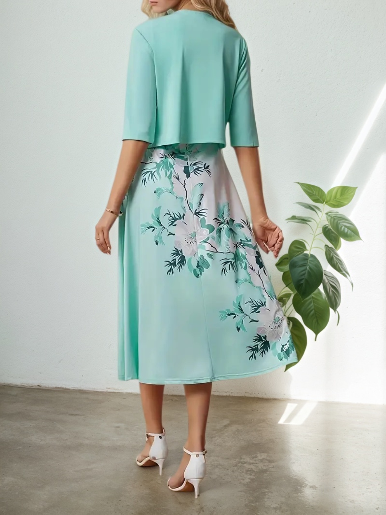 Mint Floral Midi Dress & Cropped Jacket Set —  2-Piece, view 3